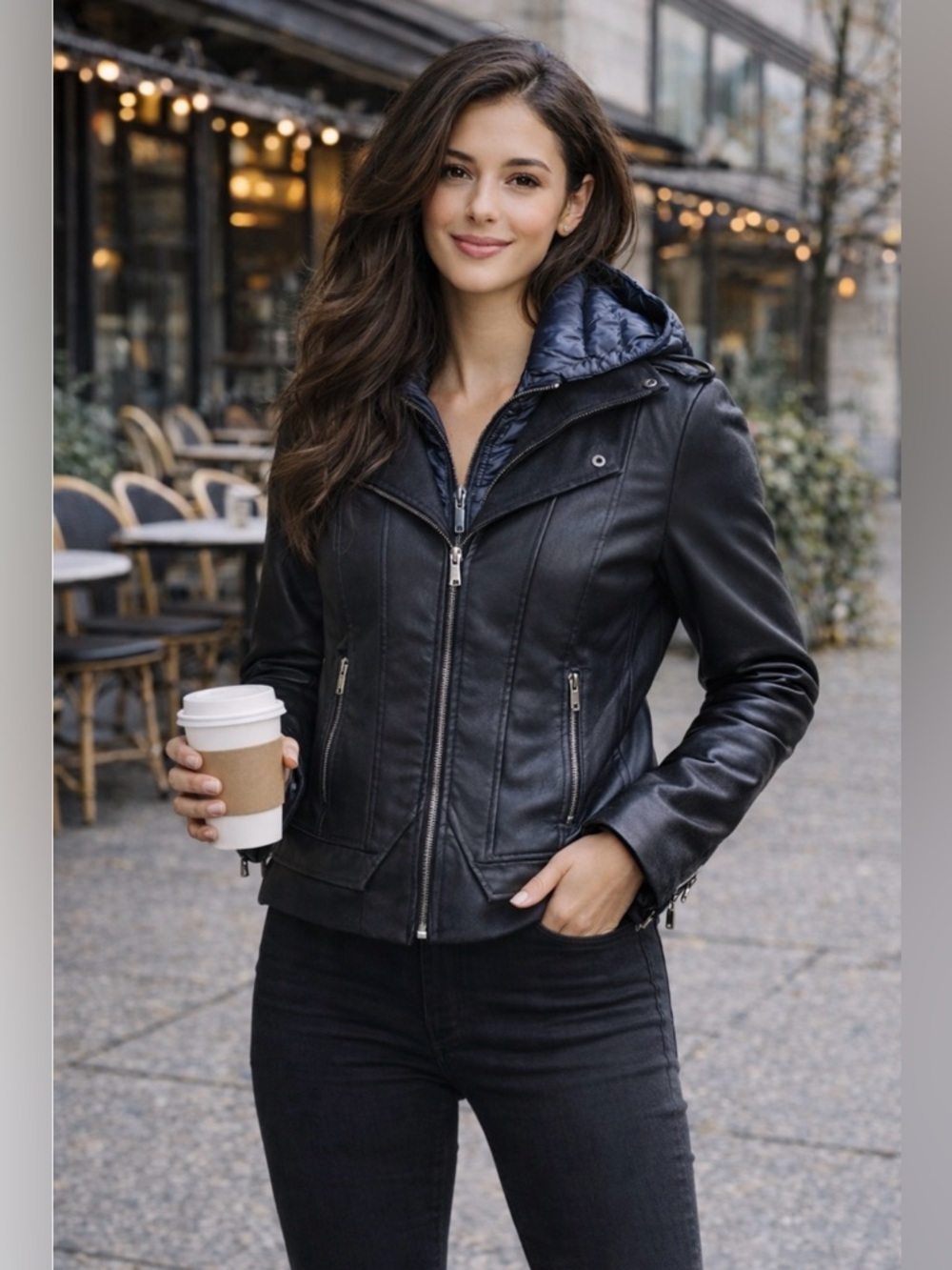 *BERNARDO Genuine Leather Moto Jacket w/ Detachable Hood – Size‎ S - Picture 2 of 15